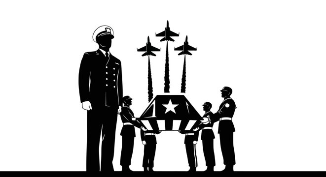 Military Funeral Honor Guard Carrying Casket with Jets Flying Overhead