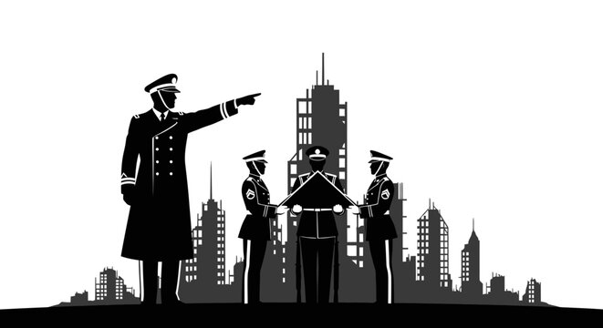 Military Leaders Directing City Development, Silhouette of Officers and Skyline