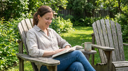 Fototapeta premium Woman reading book in backyard 