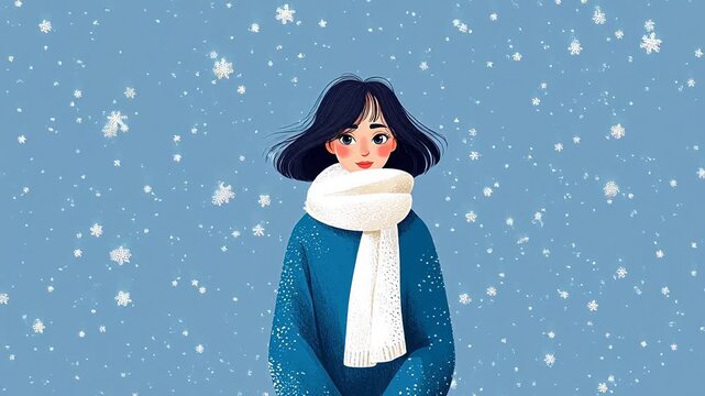 Woman in winter scarf with snow