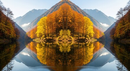 Obraz premium Symmetrical Autumn Mountain Landscape.