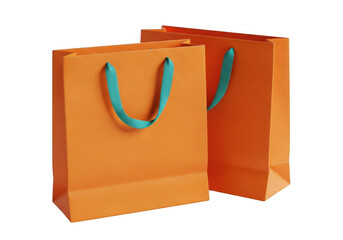 Vibrant orange shopping bags with teal handles isolated on transparent background