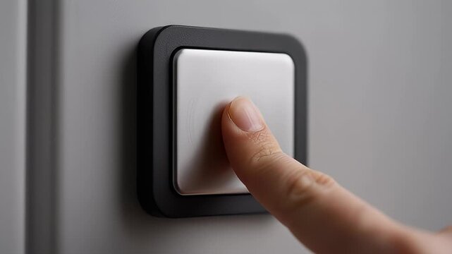 Closeup of a finger pressing a sleek, modern, silver light switch