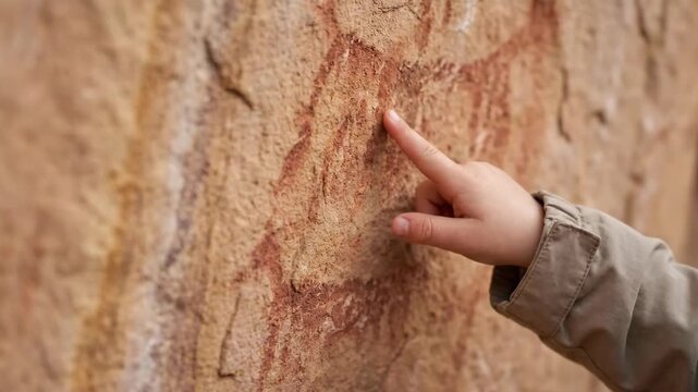 Close Up Child Hand Pointing at Ancient Rock Art Painting