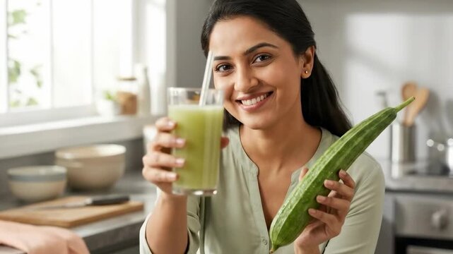 A cheerful woman holds a fresh turai vegetable in one hand and a glass of green juice in the other, standing in a bright kitchen filled with plants and kitchenware