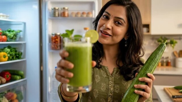 A joyful woman stands in a modern kitchen holding a glass of green smoothie and a turai vegetable, smiling as she showcases her healthy lifestyle and nutritious choices