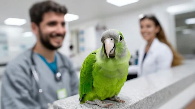 Curious parrot interacting in a veterinary clinic with engaging staff in background