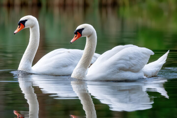 Obraz premium Swans gliding gracefully on a serene lake during a sunny afternoon