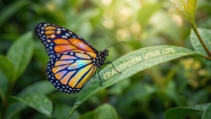Fototapeta premium Monarch butterfly rests on a vibrant green leaf with dew drops and sunlight filtering through foliage