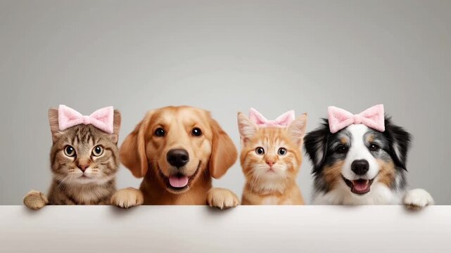 Row of four cute pets, including tabby cat, Golden Retriever, orange kitten, Border Collie, all wearing small pink bows and looking over white ledge