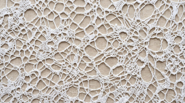 Delicate Lace Canopy Intricate Patterns on Linen Texture with Craft Background.
