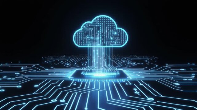 Cloud computing server security centralized management digital circuit board glowing neon network hub futuristic infrastructure data transfer