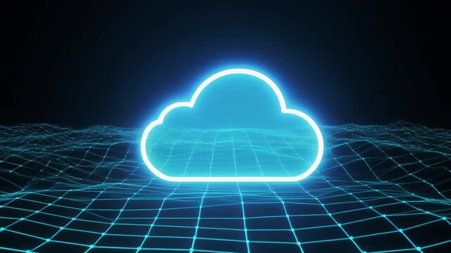 Neon cloud computing server network glowing grid digital security centralized management virtual server data center emerging futuristic wireframe