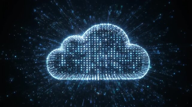 Cloud computing server security centralized management digital data network glowing cloud icon with network nodes and particles conveying