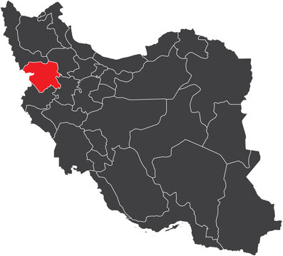 Kurdistan Province Map of Iran Silhouette with Regions Vector Illustration