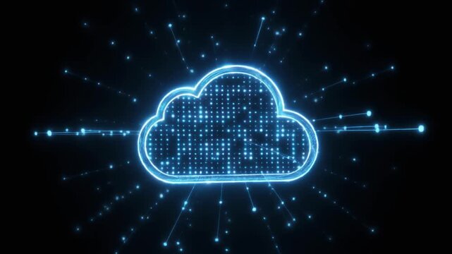 Futuristic glowing blue cloud computing server security centralized management network data storage neon digital connection glowing dots radiant icon