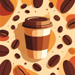 Obraz premium Coffee cup surrounded by coffee beans on a beige background.