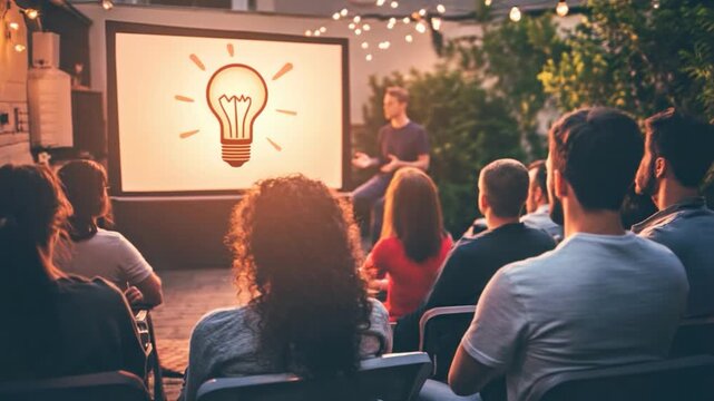Attendees watch a presentation with a lightbulb icon projected on a screen outdoors at dusk