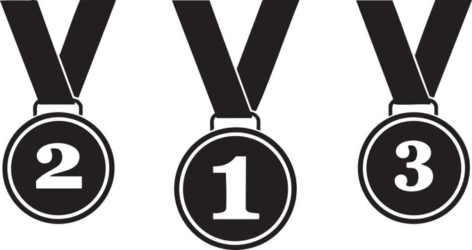 Set of three award medals with numbers 1 2 and 3 representing first second and third place isolated on white background