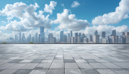 Fototapeta premium Modern city skyline with expansive paved area showcasing urban architecture and dramatic clouds