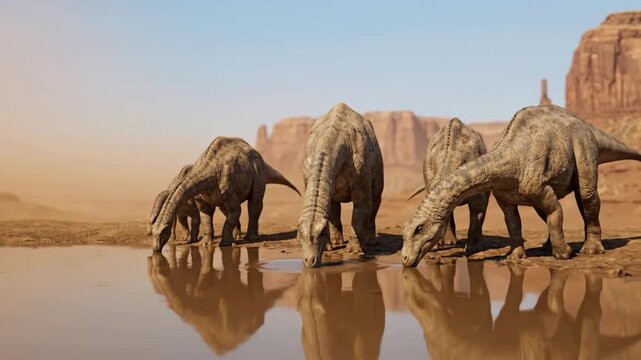 Herd of Prehistoric Sauropod Dinosaurs Drinking Water in Desert Canyon 4K