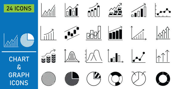 Collection of growing bar graph icon set. Business infographics icons. Charts diagrams, down or up arrow, candlestick, bar charts, pie charts, economy reduction and more. Vector illustration.