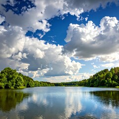 Fototapeta premium Calm lake reflecting bright blue sky with fluffy white clouds, green trees line the shore