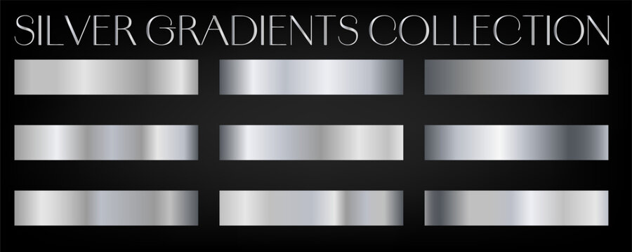 Silver gradients collection. Luxury set of gray gradient swatches. Metallic textures with polished foil shine and satin smooth. Premium design palette