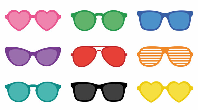 Assorted colorful sunglasses with heart-shaped and classic frames.
