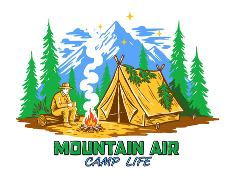 Mountain air camp life graphic. Outdoor adventure illustration design. Vintage camping artwork for t-shirt. Wild nature exploration print. Happy campe