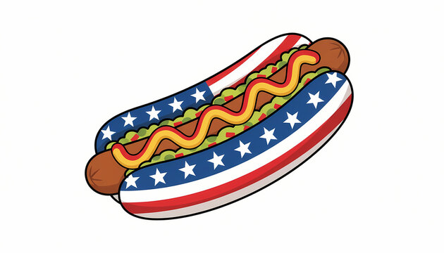 American style hot dog illustration with flag themed bun