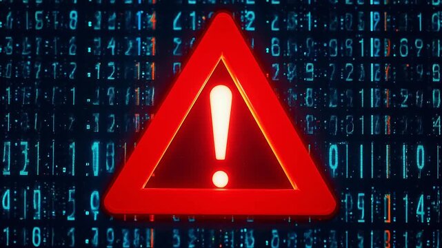 Red warning triangle on digital code background
