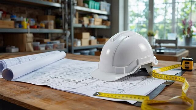 Construction helmet blueprint and tape measure