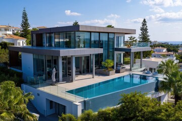 Fototapeta premium Contemporary villa with infinity pool and glass facade overlooking coastal neighborhood modern luxury home with terrace palm trees and ocean view on clear sunny day
