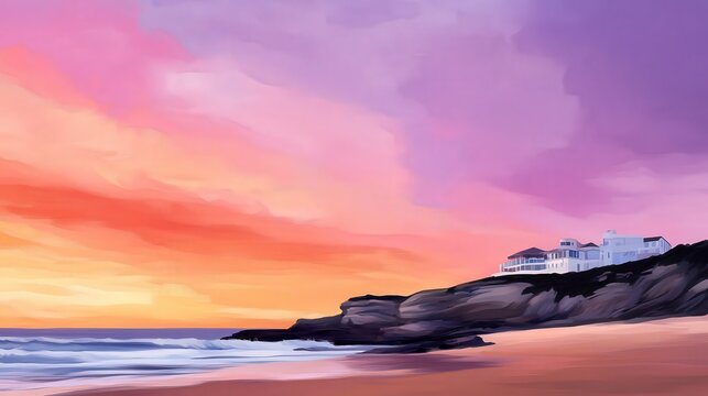 A serene beach scene at sunset, featuring waves lapping at the shore and a beautiful house perched above, Ideal for travel, relaxation themes, or real estate visuals,