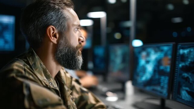 Portrait faceless soldier in camouflage illuminated by glow of multiple monitors, defocused showing cryptic code and strategic plans, satellite scans, fusion of human and