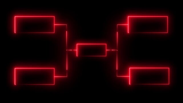It features a structure of interconnected rectangles outlined in red neon, suggesting a hierarchy or flow.  isolated on black background. 4k video animation. 