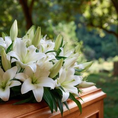 Fototapeta premium Closeup white lilies on coffin funeral floral arrangement serene garden memorial intimate detail