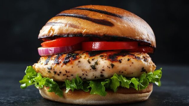 Grilled chicken sandwich on a toasted bun with lettuce, tomato, and onion