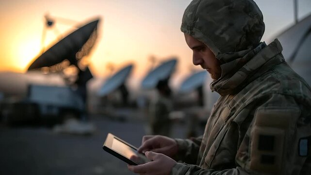 Remote desert outpost with faceless soldiers clustered around tablet screens, defocused Starlink antenna shimmering in morning light, surveillance data transmitted seamlessly,
