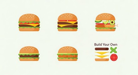 Variety of customizable burgers illustration.