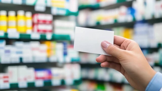 Hand holding a blank card with shelves of medicine in the background, out of focus