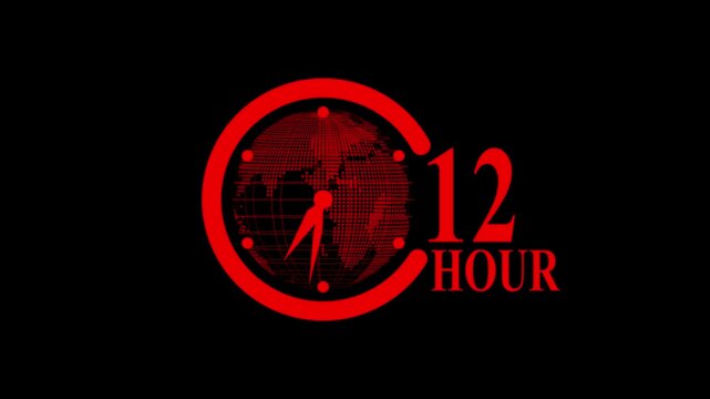 Red 12 Hour Clock Icon with Globe Inside, Time Concept, Countdown and Deadline Symbol on Black,A vibrant red 12-hour clock face icon incorporating a stylized globe is displayed against a stark black 