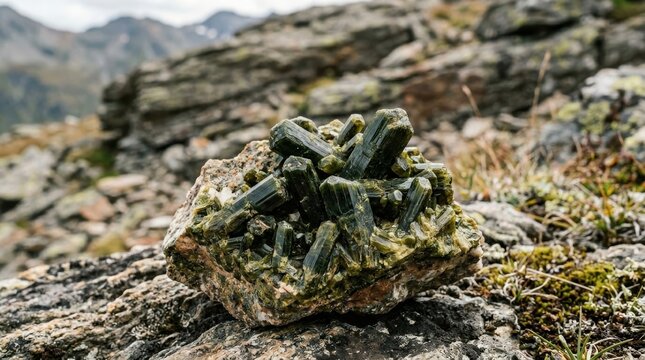 A stunning idocrase mineral specimen with prismatic green crystals emerging from a rocky matrix in a natural mountain setting.