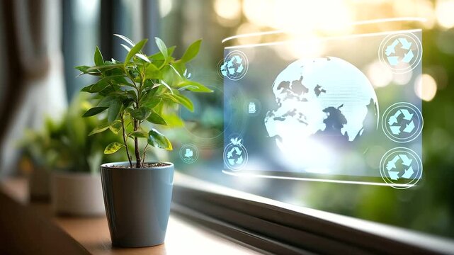 Sustainable lifestyle home decor, green potted plant earth world map frame, defocused sunny window sill, glowing digital ecological icons, recycling and water conservation, with