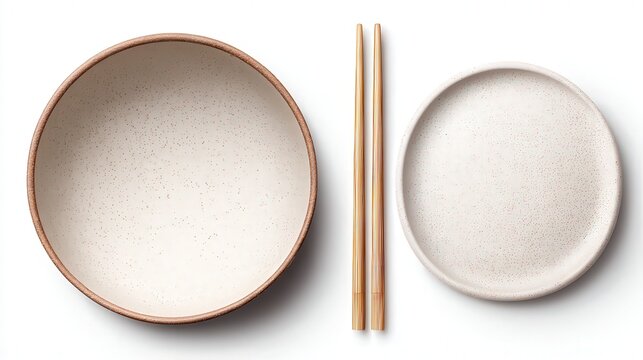 A minimalist arrangement of a large bowl, small plate, and wooden chopsticks, perfect for food photography, restaurant menus, or kitchen decor concepts, It conveys simplicity and elegance,