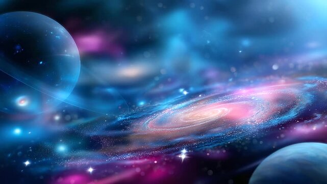 Vibrant and colorful celestial scene, defocused swirling stars planets and galaxies, mesmerizing cosmic dance, astronomical wonder, universal harmony, space beauty, with copy space