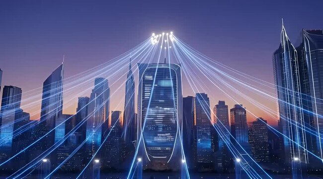 Futuristic cityscape with neon lights and skyscrapers at dusk