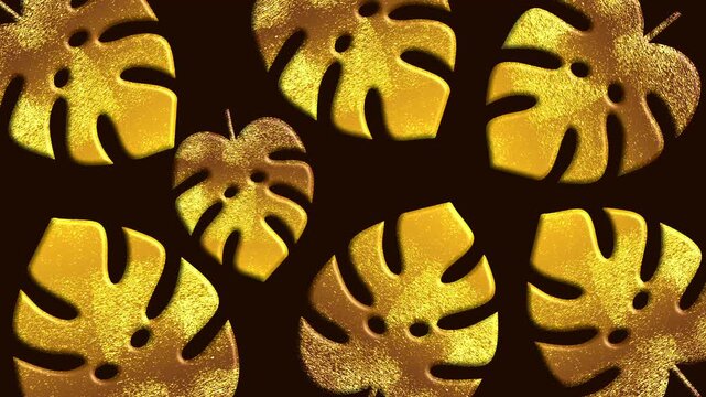 gold monstera leaves pattern on dark background with glitter texture