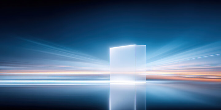 Glowing silver cube blue minimalist business technology background